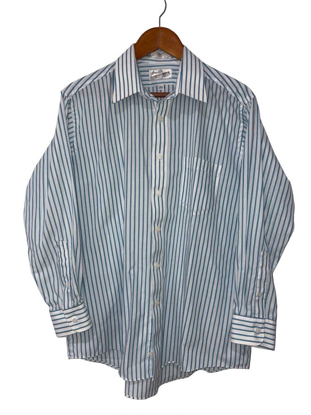 Vintage Sears Roebuck Blue/Teal White Striped Dress Shirt 16.5 32/33 Coastal